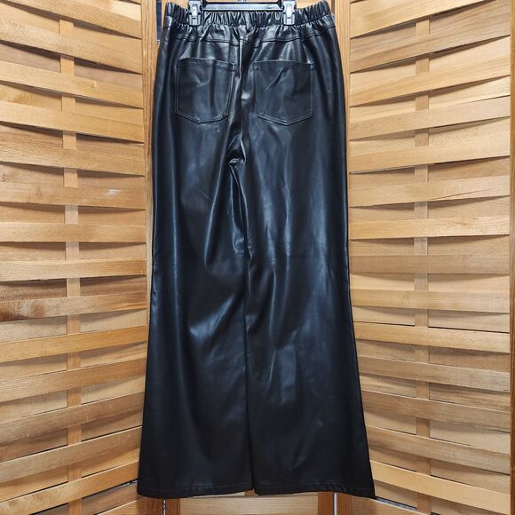 Zenana Black Wide Leg Faux Vegan Leather Pants Women L Button Zipper Closure - Picture 2 of 6